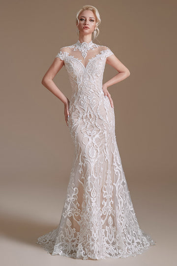 Sirena Encaje Blanco Abierto Espalda Vestido de Novia